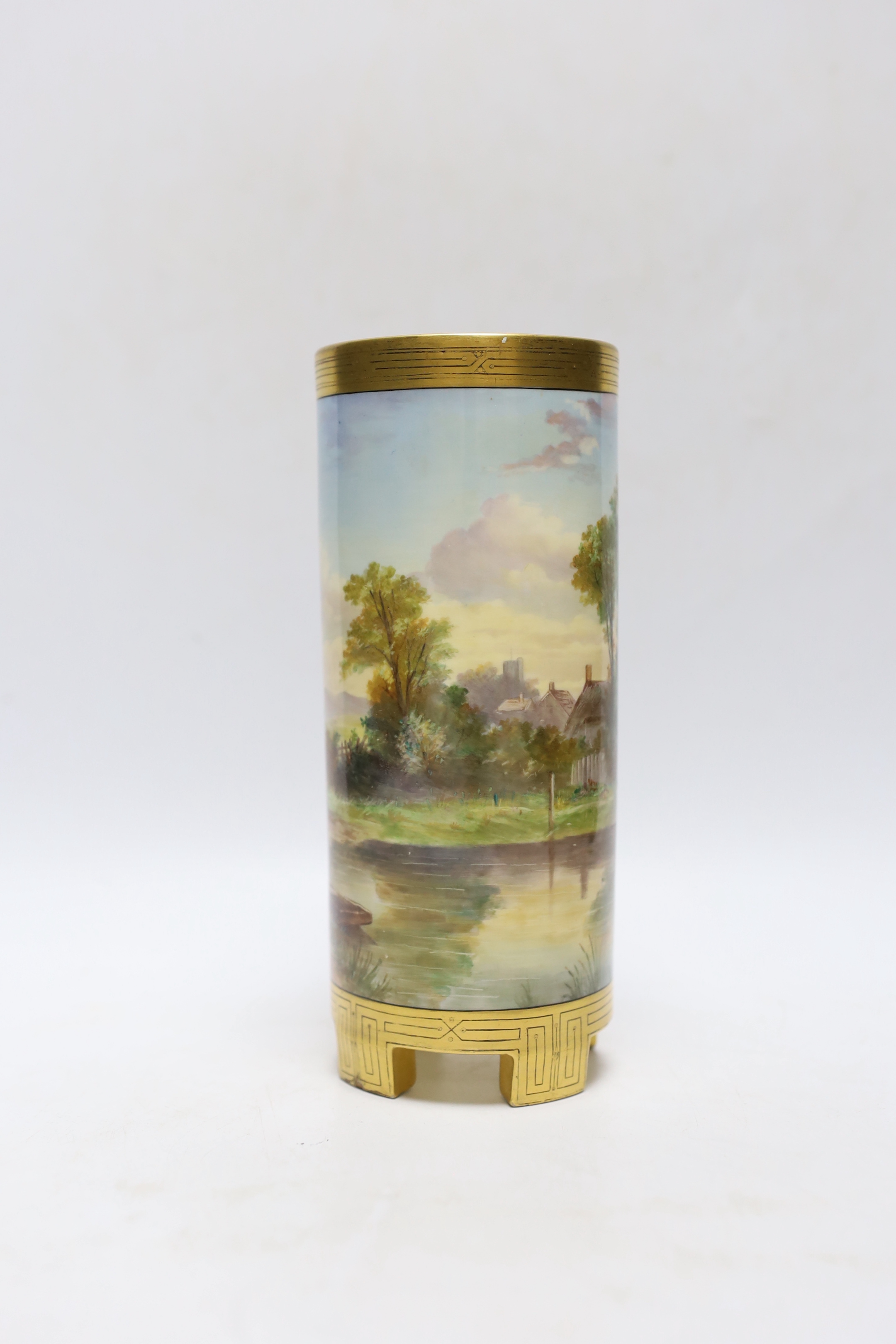 A Mintons porcelain cylinder vase, c.1880, painted with figures along a lakeside path with cottages, 20cm high